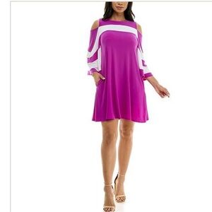 Nina Leonard Asymmetrical Dress in Purple and White